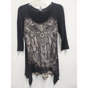 Liberty Wear Wmens Tunic Top Medium Black Rhinestones Paisley Sharkbite Gothic